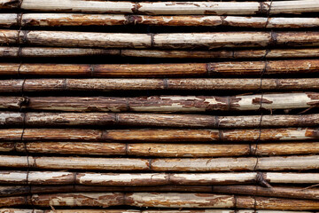 Abstract weathered brown wooden textured background. Handmade line pattern made from old brown willow twigs. Copy space for your text or decoration. Wooden materials theme.