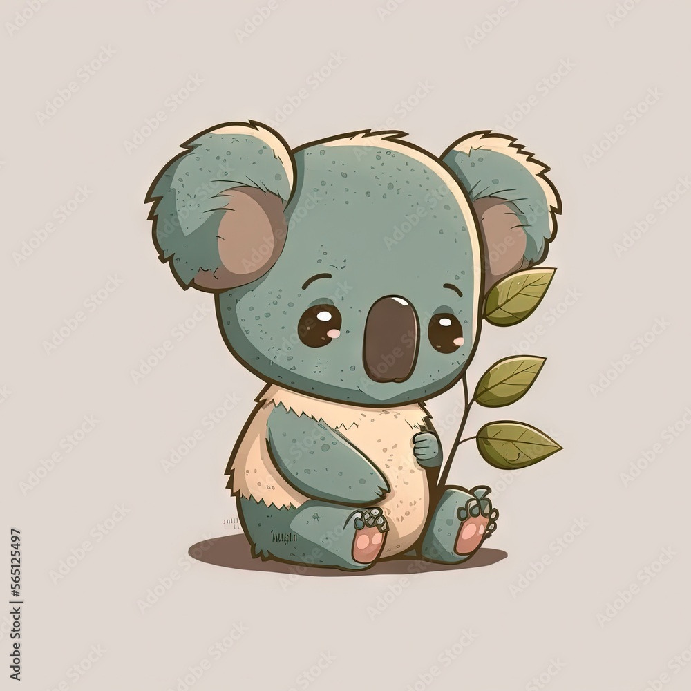 Poster a koala bear holding a leaf on a gray background with a white background and a green leaf on the bot