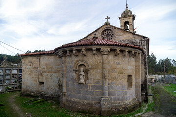 View of the apse of the church of San Pedro de Rebón. Romanesque church from the 12th century, with later reforms, mainly in the 18th century. Pontevedra, Spain.