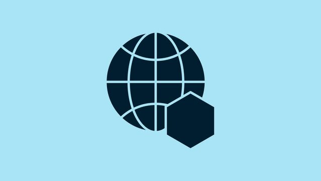 Blue Honeycomb map of the world icon isolated on blue background. World bee day. Concept ecological event. 4K Video motion graphic animation