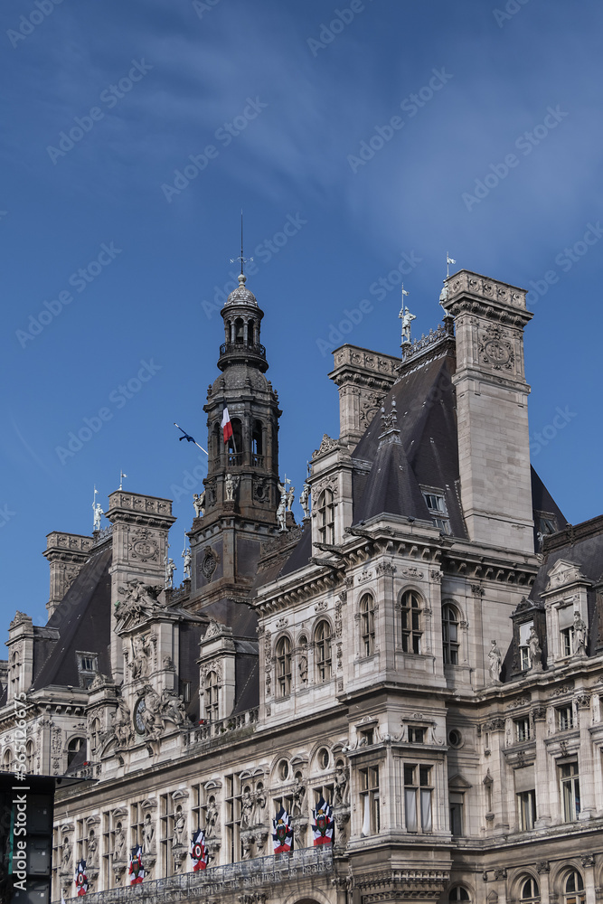 Poster Architectural fragments of City Hall of Paris (Hotel de Ville de Paris) neo-renaissance style building - seat of the Paris City Council since 1357. Paris, France.