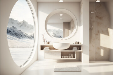 white minimalist modern luxury bathroom in Alps with sink and round windows and Italian faucet, generated by IA