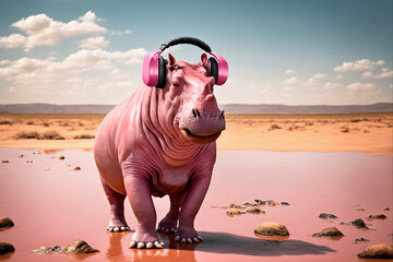 Funny pink hippo listening to music with headphones. Funny, cool, humor. Creative and conceptual image. Concept of party, fun, dj, songs, styles of music. Generative AI. - obrazy, fototapety, plakaty