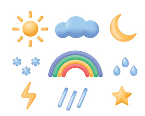 3d weather or forecast icons set. Sun, moon, star, rainbow, cloud, lightning, raindrops and snowflakes. Vector illustrations isolated on white background.