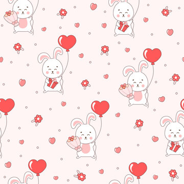 Cute Valentine day themed pattern with bunny characters and hear shaped balloons, flowers. Ornament for textile or print in childish style