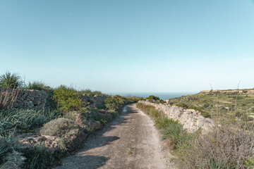 Fototapeta na wymiar Peaceful farmroad leading to the mediterranean sea in Malta