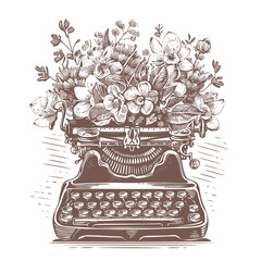 Retro typewriter machine with flowers. Floral vintage style clip art. Hand drawn sketch illustration