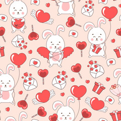 Cute Valentine day themed pattern with bunny characters and love letters, candies and flowers. Ornament for textile or print in childish style
