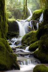 Beautiful painting of a waterfall in the forest. Created with AI