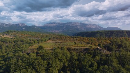 Obraz premium Beautiful landscape. Top view of green hills and forests. Blue sky and clouds. Countryside. Wildlife. Aerial drone view