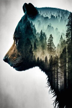 Watercolor painting of a deep forest inside the silhouette of a bear. Generative AI.
