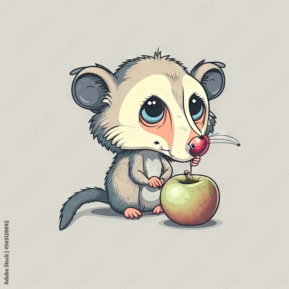 Poster a cartoon mouse eating an apple with a bite out of it's mouth, with a gray background and a white ba