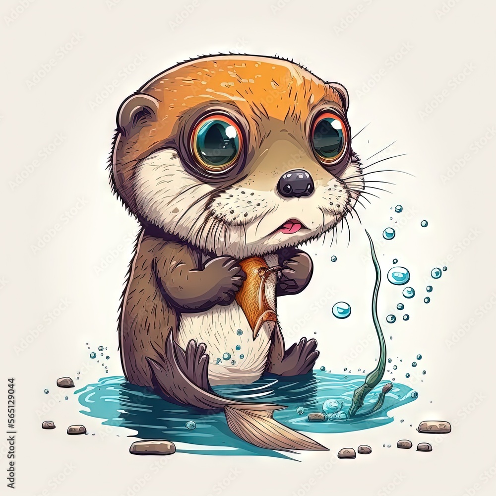 Poster a cartoon otter holding a fish in its paws and looking at the camera with a surprised look on its fa