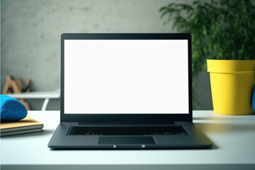 Modern laptop mockups display white screen on office , Generative ai 