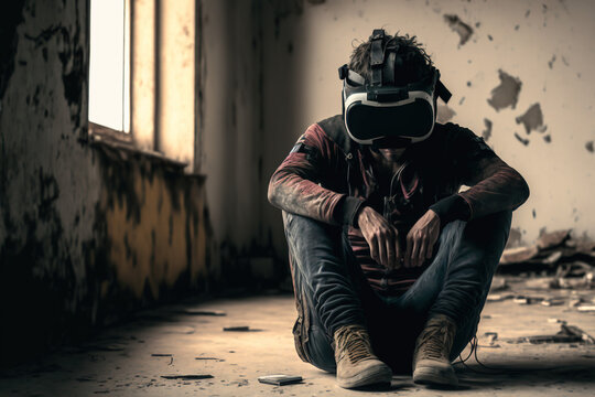 Generative AI of Depressed man wearing a VR headset in a post apocalyptic room with copy space: The Loneliness and Isolation of depression in a Desolate Future