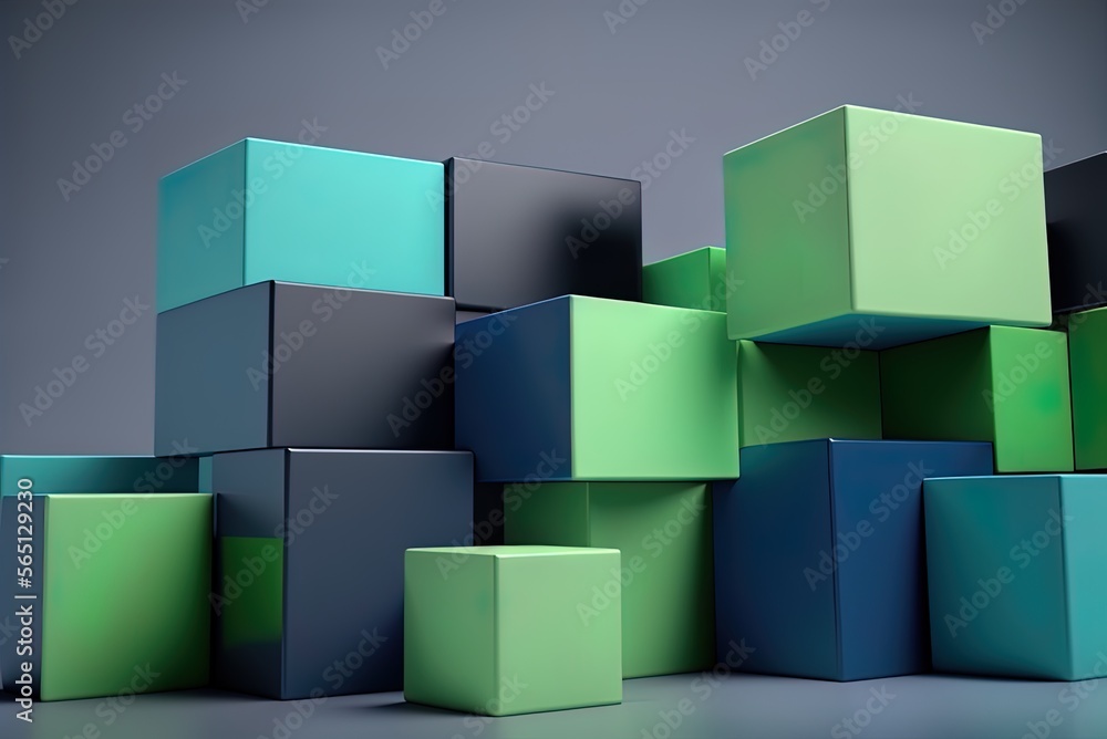 Poster synonymous abstract picture of a cluster of green and blue cubes on a gray backdrop generative ai