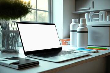 Modern laptop mockup on the clinic , with medical supplies in pharmacy background