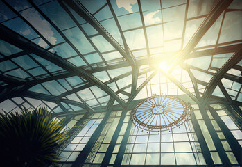 Naklejka premium Sun shining through metal and glass architecture. 