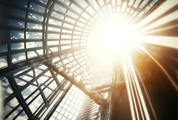 Sun shining through metal and glass architecture.	