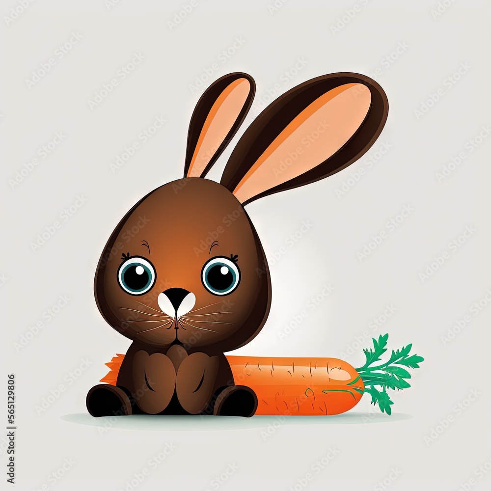 Poster a rabbit sitting next to a carrot on a white background with a shadow of its face on the ground and 