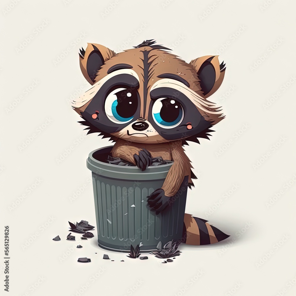 Poster a raccoon is sitting in a trash can with its paws on the trash can and looking at the camera with a 