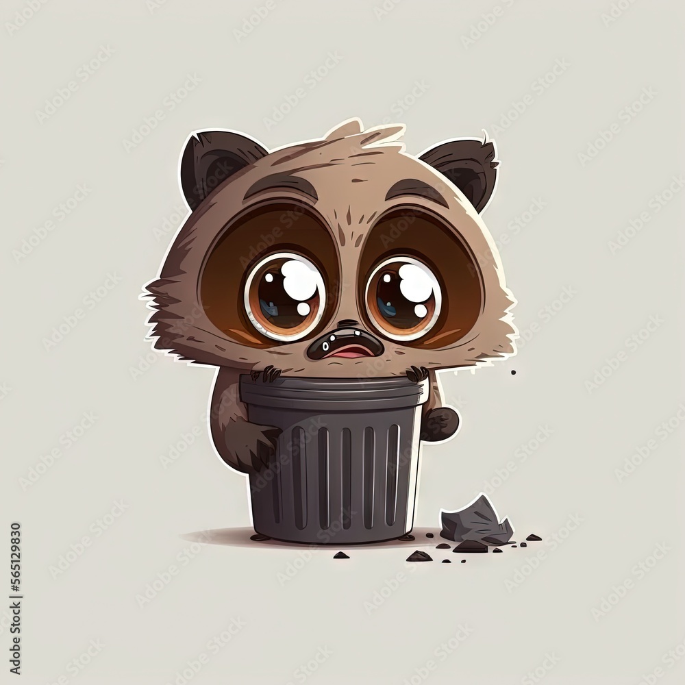 Poster a cartoon racoon is holding a trash can and looking at the camera with a sad face on it's face, with