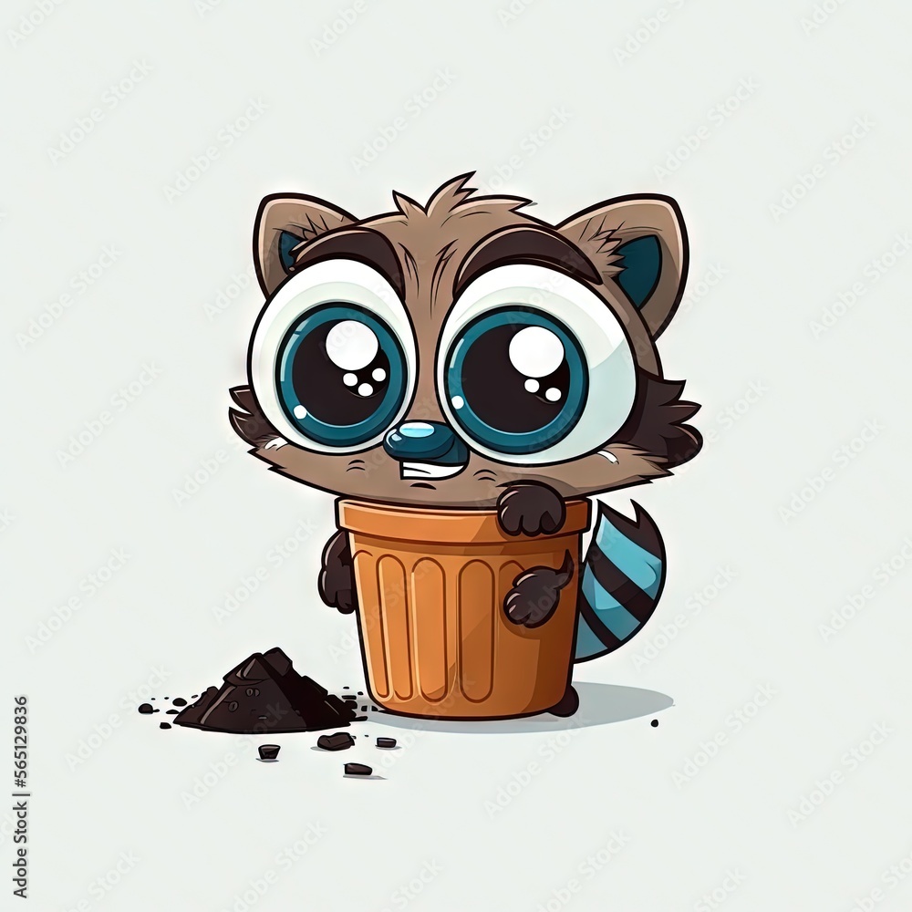 Poster a raccoon is holding a trash can with a pile of dirt in it's lap and looking at the camera with a sa