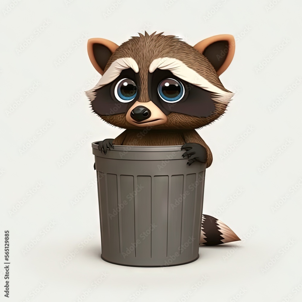 Aufkleber a raccoon sitting in a trash can with its eyes wide open and looking at the camera with a sad look o
