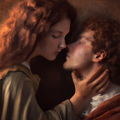 Couple qui s'embrasse, vue de profil.