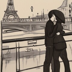 Couple qui s'embrasse sur un pont de Paris avec la Tour Eiffel en arri&egrave;re plan.