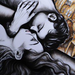 Dessin stylis&eacute; d'un couple enlac&eacute; allong&eacute;