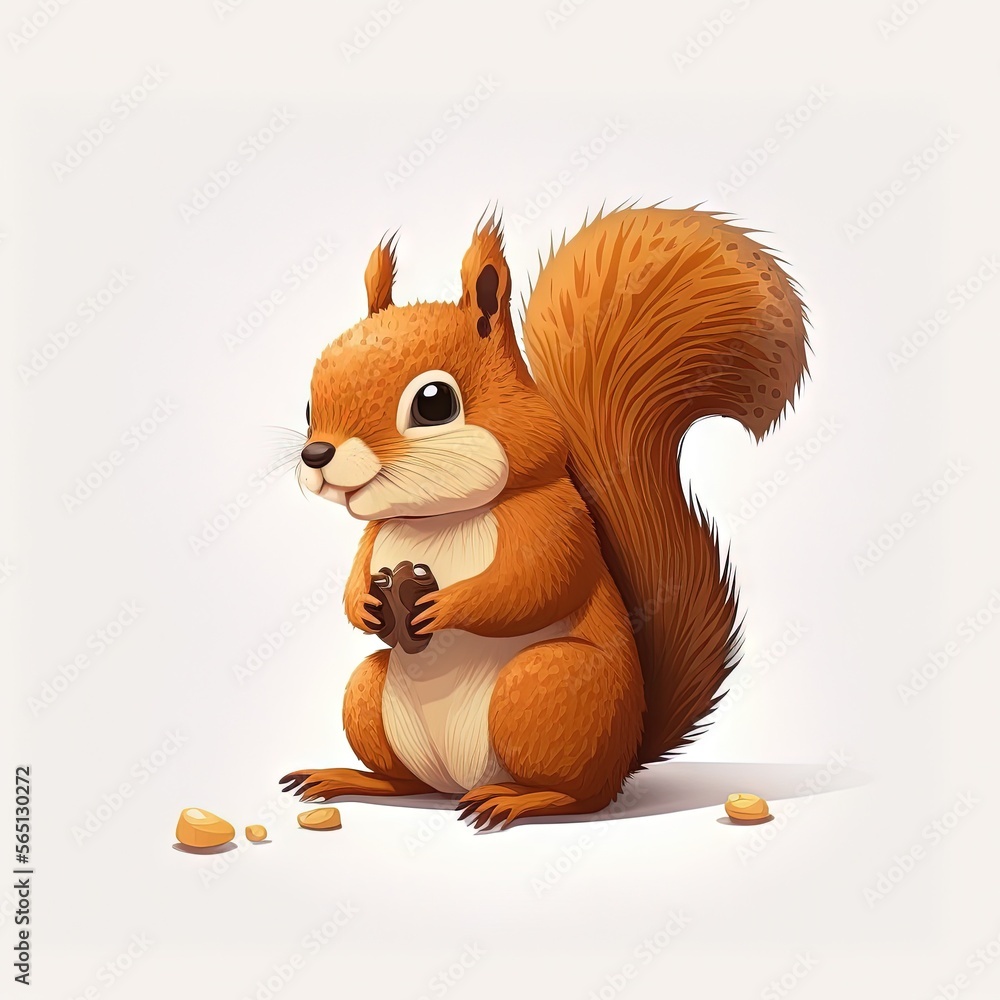 Poster a squirrel is eating peanuts on a white background with a shadow of its face on the ground and a whi