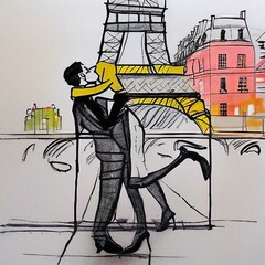 Dessin d'un couple qui s'embrasse devant la Tour Eiffel à Paris en France