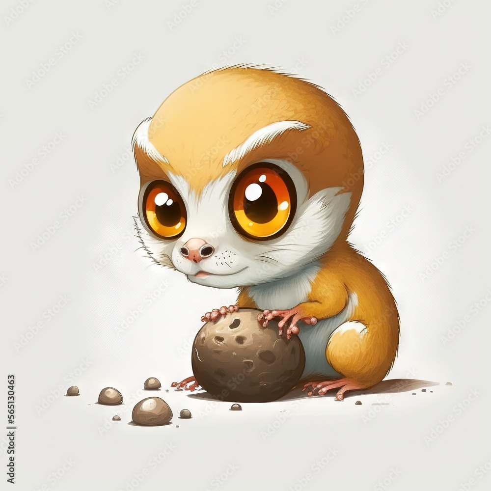 Poster a cartoon animal with big eyes playing with a ball of rocks and pebbles on a white background with a