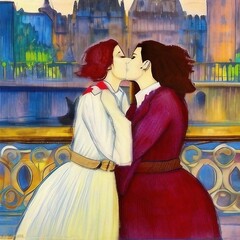 Couple de femmes habill&eacute;es comme XIX&egrave;me si&egrave;cle ou au d&eacute;but du XX&egrave;me s'embrassent &agrave; Paris en France sur les quai de Seine.