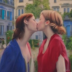 Couple de femmes v&ecirc;tues de robes bleue et rouge s'embrassent dans une viile romantique