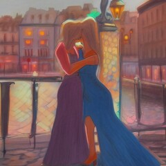 Couple de femmes qui s'embrasse sur les quais de Seine &agrave; Paris en France. 