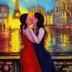 Couple de femmes s'embrassant sur les bords de Seine &agrave; Paris en France au lever ou au coucher de soleil.