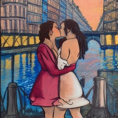 Couple de femmes s'embrassant au bord d'un canal &agrave; la nuit tomb&eacute;e.