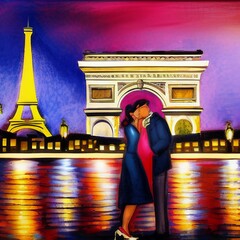 Couple qui s'embrasse &agrave; Paris sur les bords de Seine avec l'Arc de Triomphe et la Tour Eiffel  en arri&egrave;re plan de nuit.
