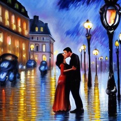 Couple qui s'embrasse de nuit dans une ville romantique.