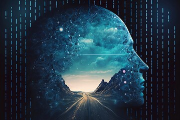 Machine learning technology, digital brain learning to process big data and analyze information. Created with generative AI.