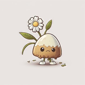  a cartoon mushroom with a flower on its head and eyes closed, with a sad look on its face, standing in front of a white background with a flower on its head and a.  generative ai
