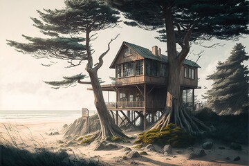  a painting of a tree house on a beach with a tree in the foreground and a beach in the background with sand and trees.  generative ai