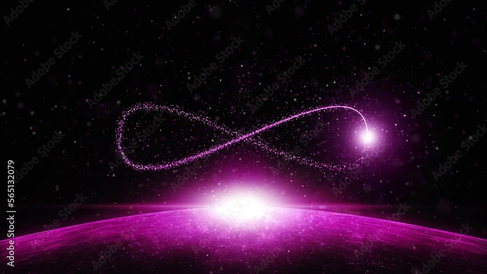 Poster glowing dotted infinite symbol seamless looping animation on digital metaverse background with spher
