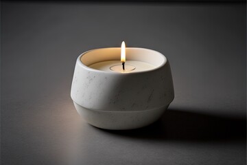  a white candle sitting in a white bowl on a table with a black background and a white candle holder with a yellow candle in it.  generative ai