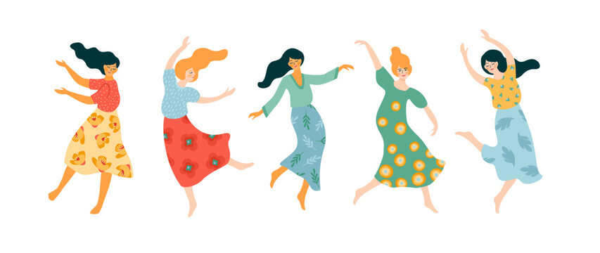 Vector isolated illustration of cute dancing women. Happyl Women s Day concept for card, poster, banner and other