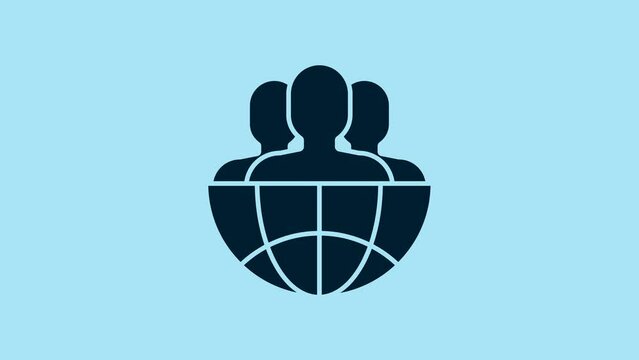 Blue Globe and people icon isolated on blue background. Global business symbol. Social network icon. 4K Video motion graphic animation