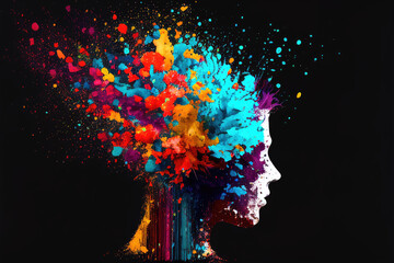 Colorful painted explosion in head. Concept of creative mind and imagination. Silhouette of human hand with colored fragments. Created with generative AI