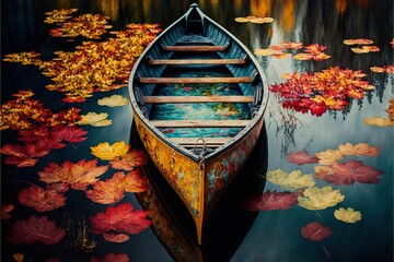  a boat is sitting on a lake with leaves on the water and a dock in the water is full of leaves and a few other leaves are floating on the water.  generative ai